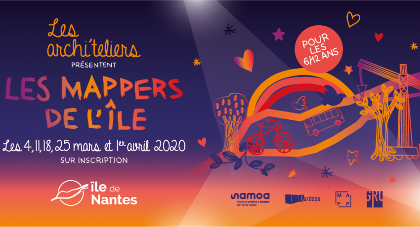 L’île de Nantes est un vaste terrain de jeux et d’expérimentations ! En mars et avril, cinq nouvelles rencontres Archi’teliers sont proposés aux 6 à 12 ans pour laisser place à leur imagination et mieux comprendre la ville. ArchiteliersXMappNantes BandeauTwitter 1024x512px B 01 850x460 - En 2020, nouvelle session lumineuse pour les Archi’teliers ! Découvrez les Mappers de l’île
