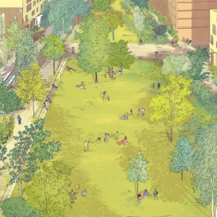 Illustration des Jardins de l'Estuaire sur l'île de Nantes. Angle du boulevard de l'Estuaire et de la rue Lucrecia Mott (Samoa) Crédit : Louise Le Marc'hadour